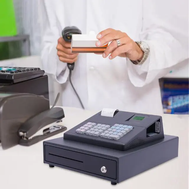 Alt view image 4 of 7 - Electronic Register,48 Keys Cash Register Drawer,Coin Drawer with LCM&LED Screen,4 Bill 5 Coin Tray,Quick Load Thermal Printer,Key,Black (Cash)