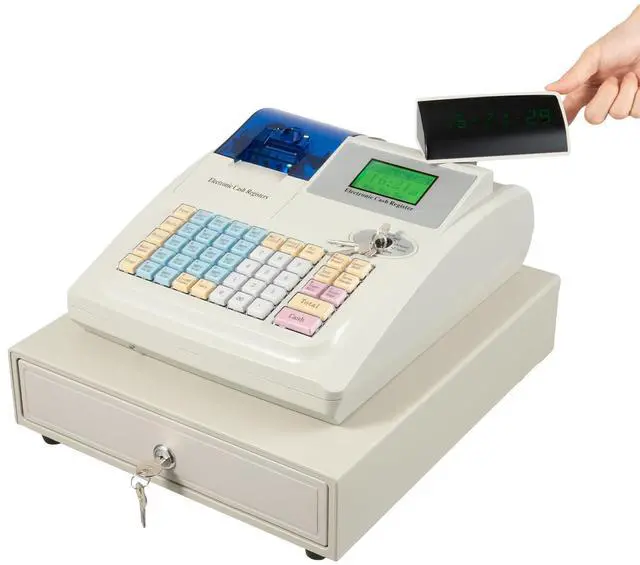 Main image of Cash Register,48 Keys Electronic Cash Register with Cash Drawer,4 Bill 5 Coin Cash Tray with Quick Load Thermal Printer,Cash Drawer with LCM&LED screen, Key,Whit(White-4Bill 5Coin Cash Tray)