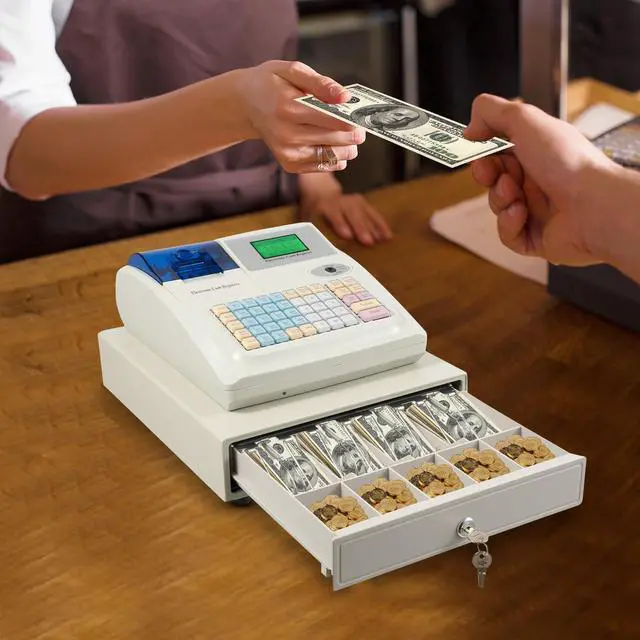 Alt view image 5 of 7 - Cash Register,48 Keys Electronic Cash Register with Cash Drawer,4 Bill 5 Coin Cash Tray with Quick Load Thermal Printer,Cash Drawer with LCM&LED screen, Key,Whit(White-4Bill 5Coin Cash Tray)