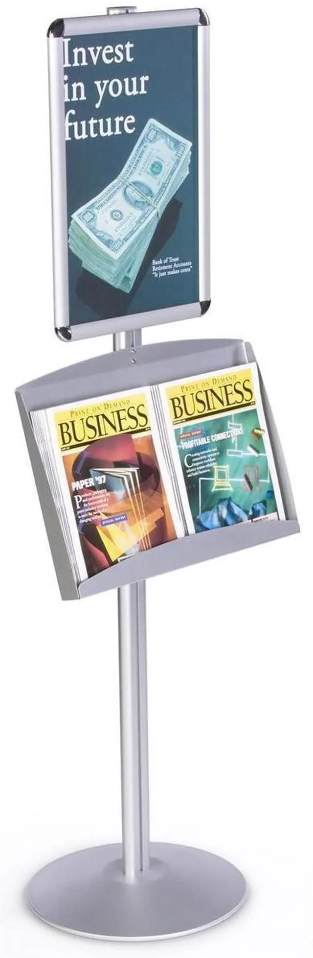 Main image of Brushed Silver Satin Aluminum Sign Stand and Literature Rack, 18-1/4 x 54 x 14-Inch, for Displaying 11 x 17-Inch Posters