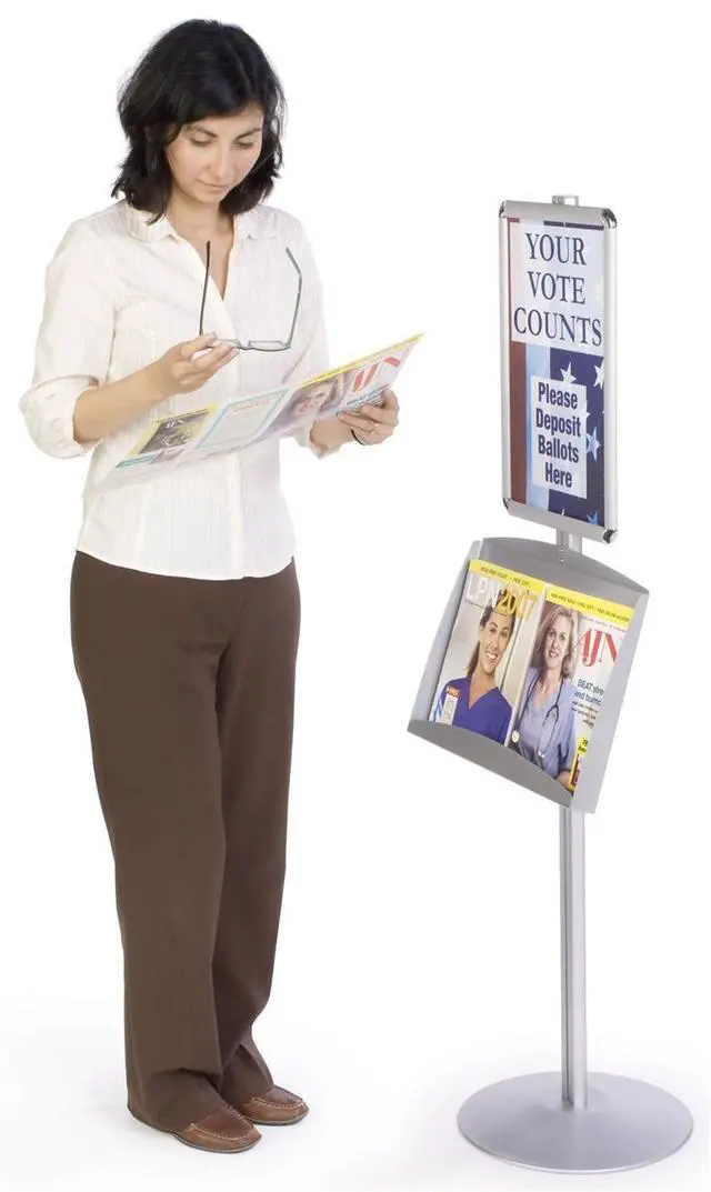 Alt view image 3 of 4 - Brushed Silver Satin Aluminum Sign Stand and Literature Rack, 18-1/4 x 54 x 14-Inch, for Displaying 11 x 17-Inch Posters