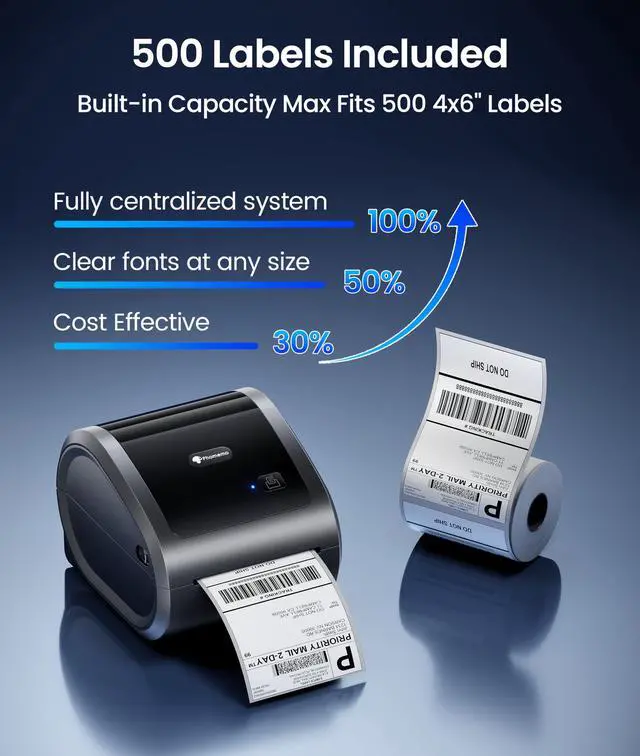 Alt view image 2 of 7 - 300DPI 4x6 Thermal Shipping Label Printer with 500 Labels | Ethernet Bluetooth & USB connection, Thermal Printer for Small Business, Compatible with iOS Android Windows Mac USPS UPS