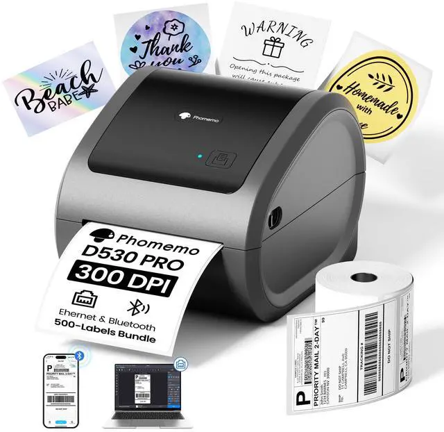 Main image of 300DPI 4x6 Thermal Shipping Label Printer with 500 Labels | Ethernet Bluetooth & USB connection, Thermal Printer for Small Business, Compatible with iOS Android Windows Mac USPS UPS