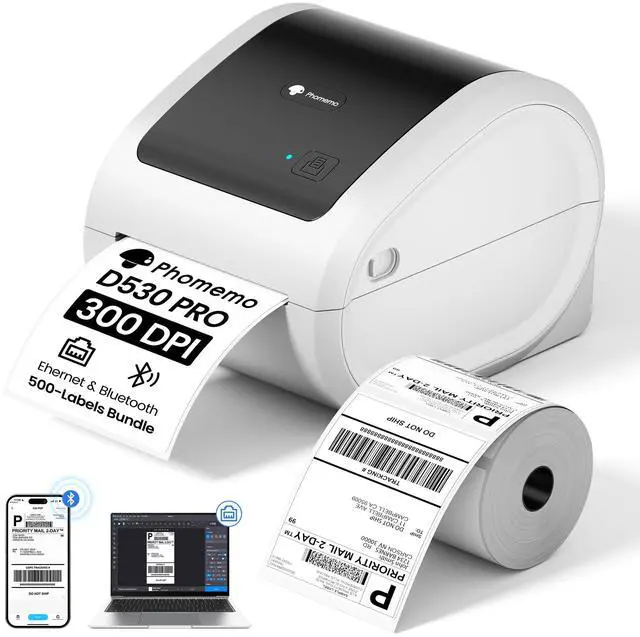 Main image of 4x6 Shipping Label Printer 300DPI with 500 Labels | D530Pro Ethernet Label PrinterBluetooth and USB Connection, Built-in Paper Bin, for Small Business, Online Sellers