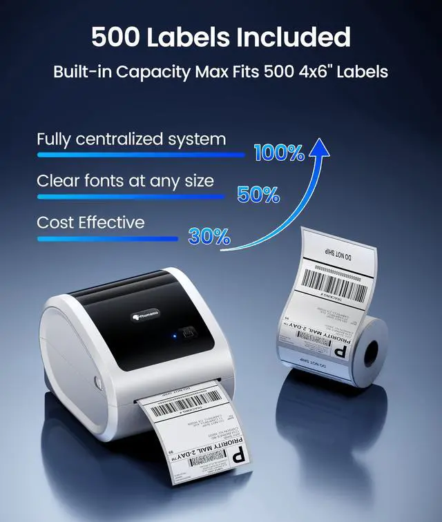 Alt view image 2 of 7 - 4x6 Shipping Label Printer 300DPI with 500 Labels | D530Pro Ethernet Label PrinterBluetooth and USB Connection, Built-in Paper Bin, for Small Business, Online Sellers