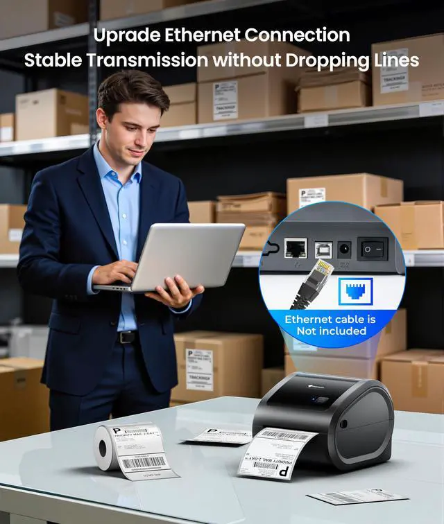 Alt view image 3 of 7 - 300DPI 4x6 Thermal Shipping Label Printer with 500 Labels | Ethernet Bluetooth & USB connection, Thermal Printer for Small Business, Compatible with iOS Android Windows Mac USPS UPS