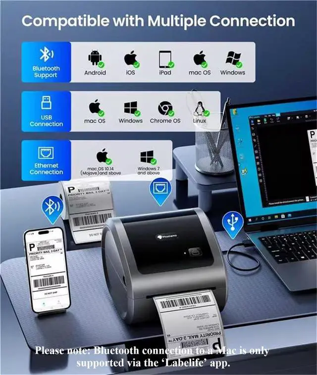 Alt view image 6 of 7 - 300DPI 4x6 Thermal Shipping Label Printer with 500 Labels | Ethernet Bluetooth & USB connection, Thermal Printer for Small Business, Compatible with iOS Android Windows Mac USPS UPS