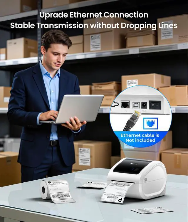 Alt view image 4 of 7 - 4x6 Shipping Label Printer 300DPI with 500 Labels | D530Pro Ethernet Label PrinterBluetooth and USB Connection, Built-in Paper Bin, for Small Business, Online Sellers