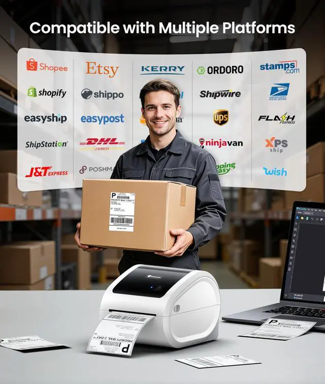 Alt view image 6 of 7 - 4x6 Shipping Label Printer 300DPI with 500 Labels | D530Pro Ethernet Label PrinterBluetooth and USB Connection, Built-in Paper Bin, for Small Business, Online Sellers