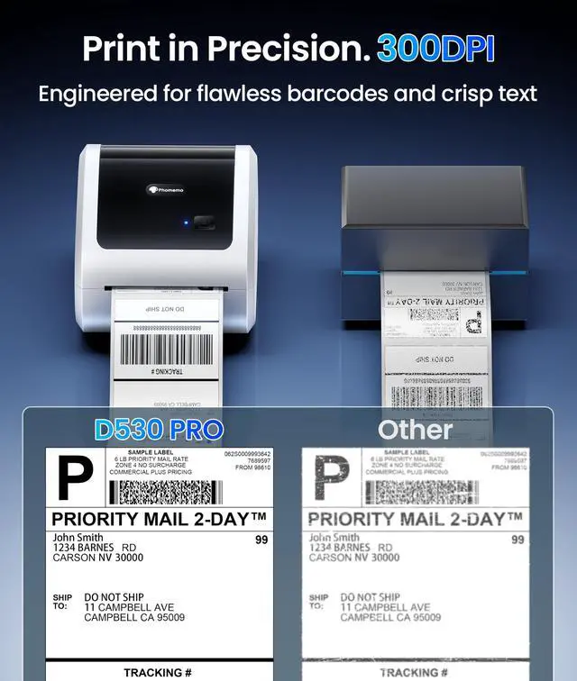 Alt view image 3 of 7 - 4x6 Shipping Label Printer 300DPI with 500 Labels | D530Pro Ethernet Label PrinterBluetooth and USB Connection, Built-in Paper Bin, for Small Business, Online Sellers