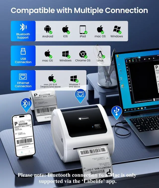 Alt view image 7 of 7 - 4x6 Shipping Label Printer 300DPI with 500 Labels | D530Pro Ethernet Label PrinterBluetooth and USB Connection, Built-in Paper Bin, for Small Business, Online Sellers