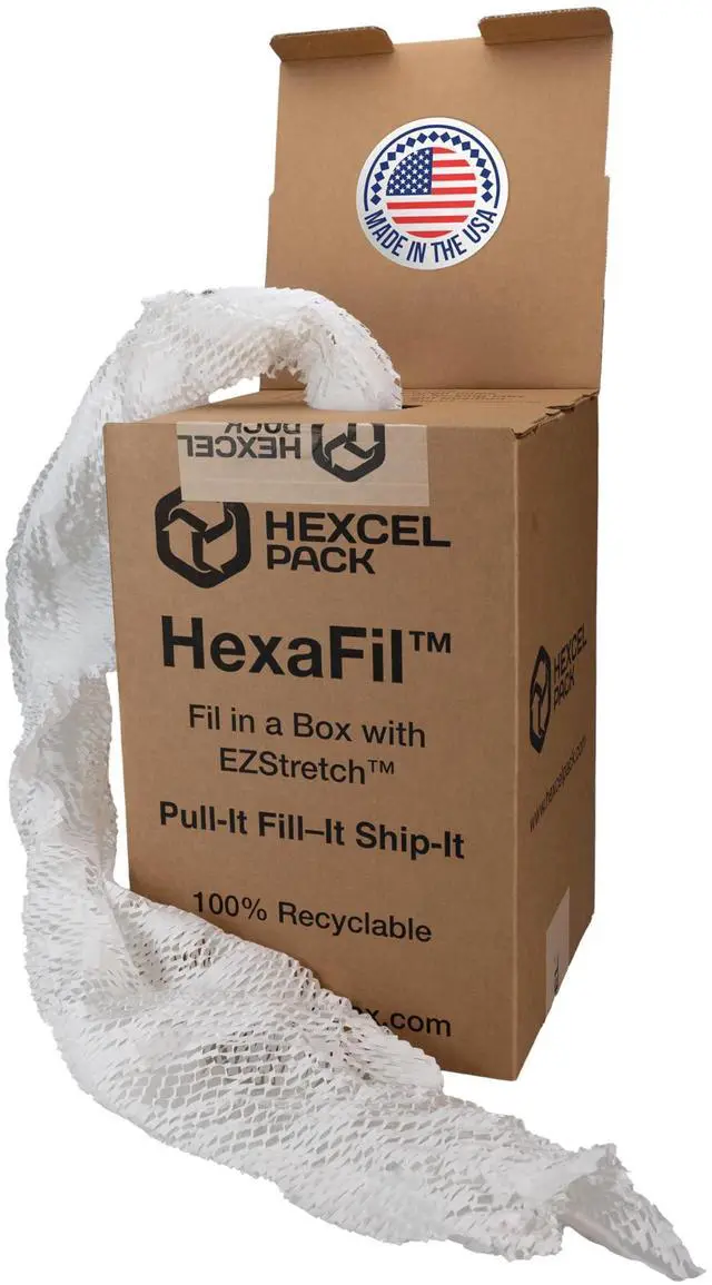 Main image of White HexaFil Honeycomb Packing Kraft Paper 15" x 20400" (1700 ft) in Self-Dispensed Box - Patented Cushioning Meterial for Void Filling, Moving, Shipping - Alternative to Bubble Plastic