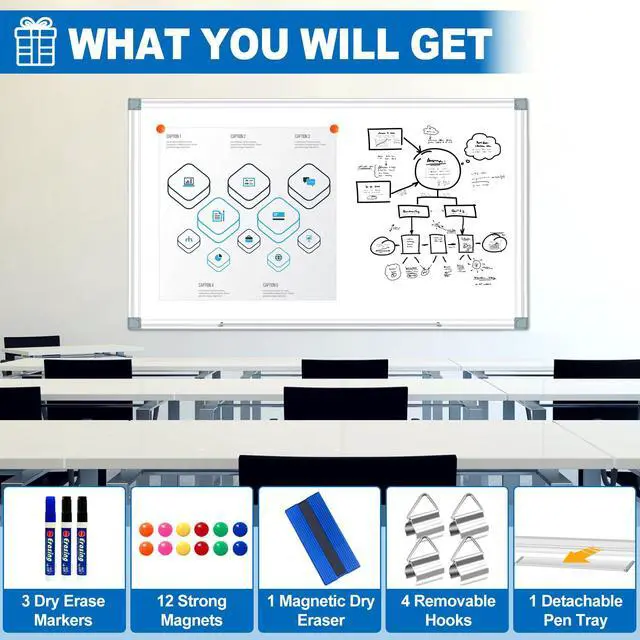 Alt view image 4 of 7 - White Board Dry Erase Whiteboard for Wall 72" x 48" Aluminum Presentation Magnetic Whiteboards with 4 Hooks, 12 Magnets, 3 Markers & 1 Eraser