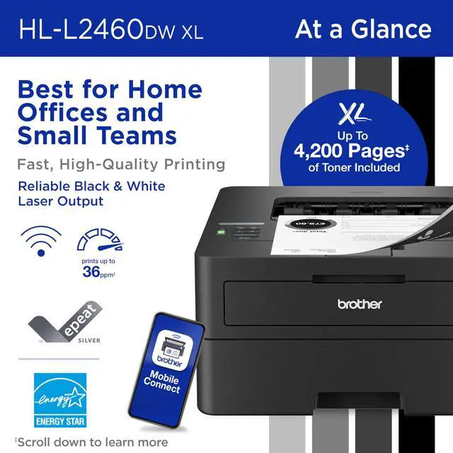 Alt view image 2 of 7 - HL-L2460DWW XL Wireless Compact Monochrome Printer with Duplex Copy & Scan, Fax, Black & White | Up to 4,200 Pages of Toner Included(1), Works with Alexa