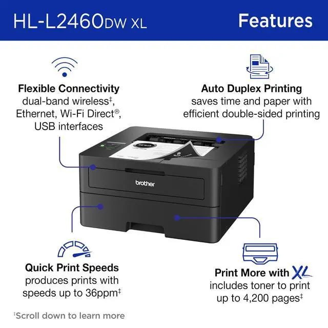 Alt view image 3 of 7 - HL-L2460DWW XL Wireless Compact Monochrome Printer with Duplex Copy & Scan, Fax, Black & White | Up to 4,200 Pages of Toner Included(1), Works with Alexa
