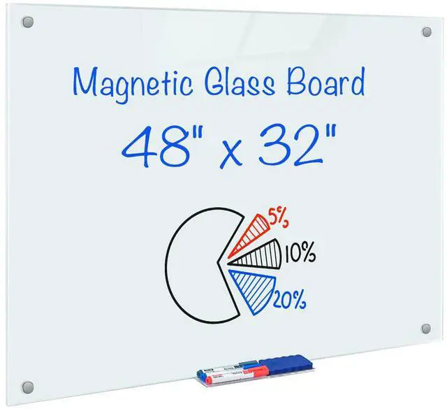 Main image of Magnetic Glass Dry Erase White Board, 48" x 32" Frameless Glass Board for Wall Mounted, Includes 6 Magnets, 3 Markers and 1 Eraser for Classroom Home, Office Supplies (White)