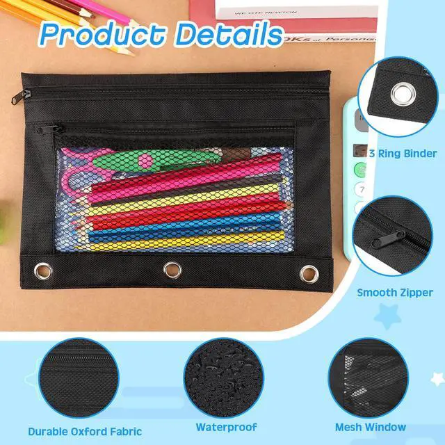 Alt view image 2 of 6 - 150 Pieces Zipper Binder Pencil Pouches 3 Ring Binder Zipper Pouches Case with Window Ring Pencil Bags Case or Office School Students Supplies(2 Zipper,Full Black)