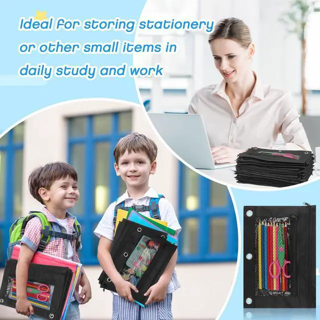 Alt view image 4 of 6 - 150 Pieces Zipper Binder Pencil Pouches 3 Ring Binder Zipper Pouches Case with Window Ring Pencil Bags Case or Office School Students Supplies(2 Zipper,Full Black)