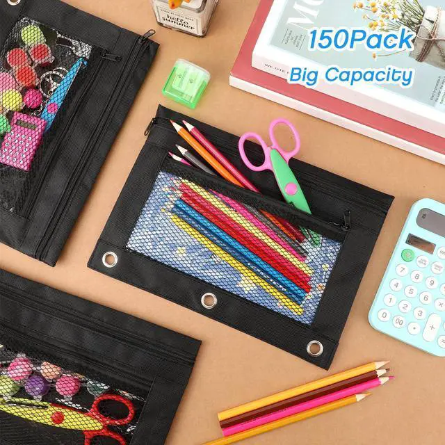 Alt view image 6 of 6 - 150 Pieces Zipper Binder Pencil Pouches 3 Ring Binder Zipper Pouches Case with Window Ring Pencil Bags Case or Office School Students Supplies(2 Zipper,Full Black)