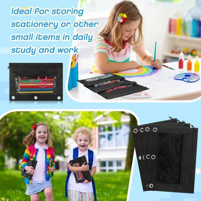 Main image of 150 Pieces Zipper Binder Pencil Pouches 3 Ring Binder Zipper Pouches Case with Window Ring Pencil Bags Case or Office School Students Supplies(2 Zipper,Full Black)