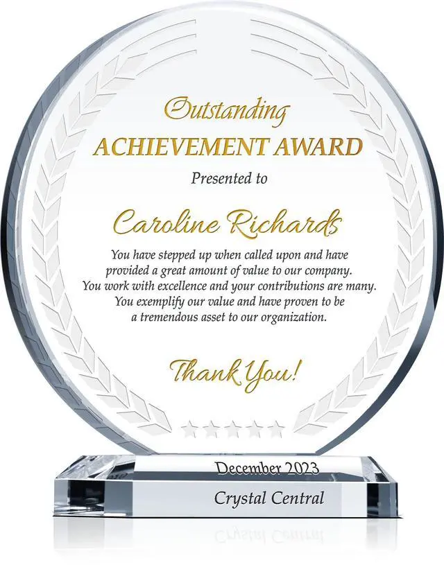 Main image of Custom Crystal Employee Achievement Awards & Trophies, Unique Design, Personalized Engraved with Your own Recognition Message (Crystal Circle Achievement Award Plaque)