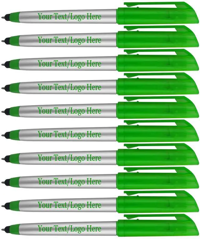 Main image of Personalized Pens with Highlighter and Stylus -250 Pack Bulk-Free Imprint - 3 In Highlighter, Ballpoint Pen, and Stylus Combo- add Custom Business Name, Logo or Gift Message- Green