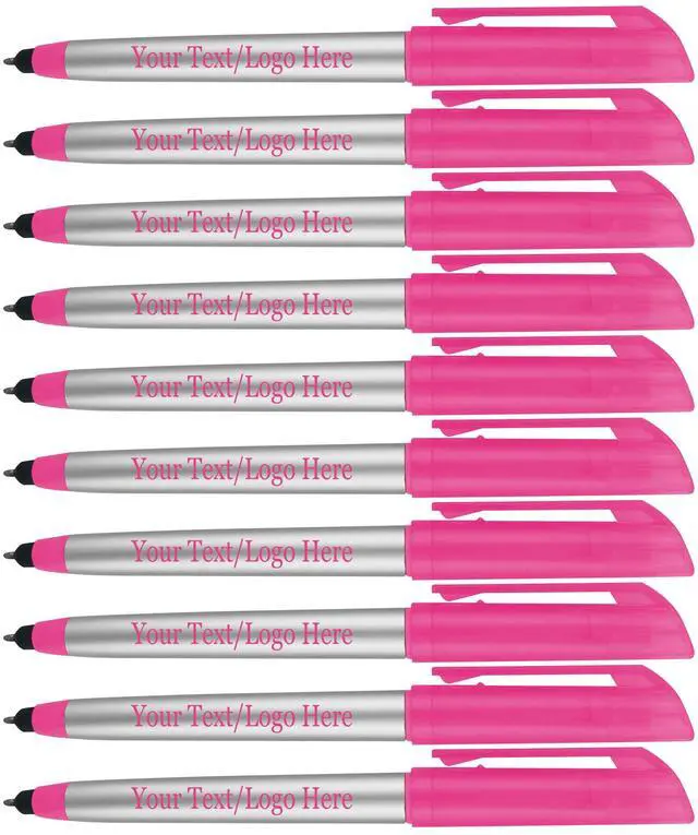 Main image of Personalized Pens with Highlighter and Stylus -250 Pack Bulk-Free Imprint - 3 In Highlighter, Ballpoint Pen, and Stylus Combo- add Custom Business Name, Logo or Gift Message- Pink