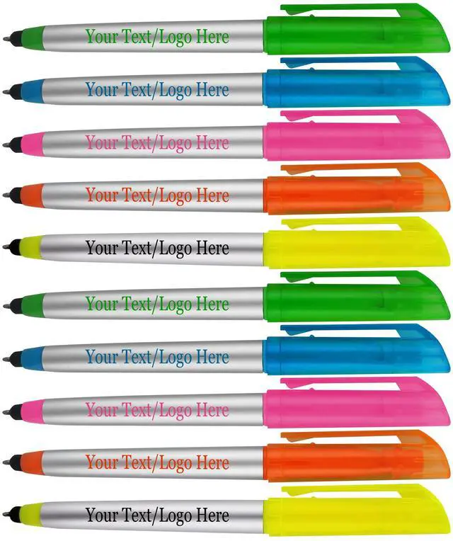 Main image of Personalized Pens with Highlighter and Stylus -175 Pack Bulk-Free Imprint - 3 In Highlighter, Ballpoint Pen, and Stylus Combo- add Custom Business Name, Logo or Gift Message- Assorted, Colored Imprint