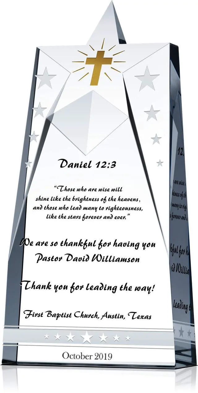 Main image of Personalized Crystal Shinning Star Pastor Appreciation Gift Plaque, Customized with Pastor & Church Name, Unique Gift for Pastor/Clergy Appreciation Month or Pastor Appreciation Day (L - 10")