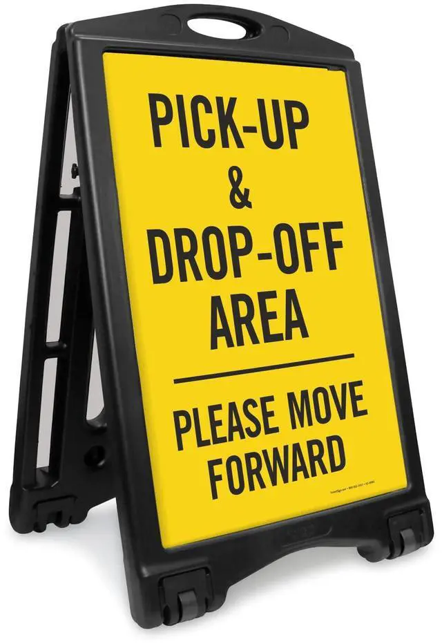 Main image of Pick-Up Drop-Off Area Please Move Forward Foldable Black A-Frame Sidewalk Sign Kit, 36" x 24", Built-In-Wheels, Two-Sided Portable Plastic Sandwich Board, 2 Sign Panels, USA-Made