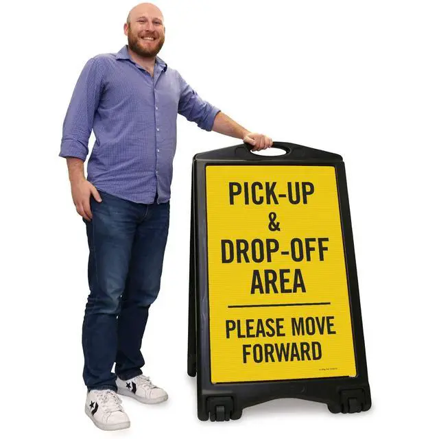 Alt view image 2 of 4 - Pick-Up Drop-Off Area Please Move Forward Foldable Black A-Frame Sidewalk Sign Kit, 36" x 24", Built-In-Wheels, Two-Sided Portable Plastic Sandwich Board, 2 Sign Panels, USA-Made