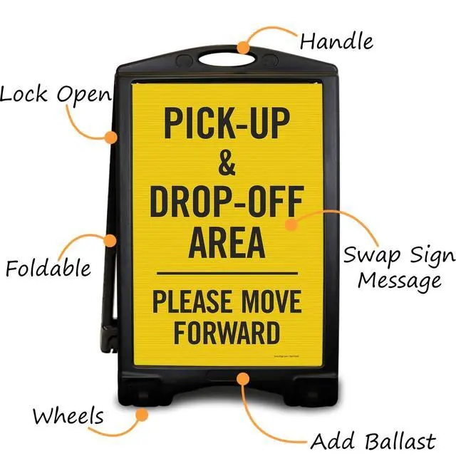 Alt view image 3 of 4 - Pick-Up Drop-Off Area Please Move Forward Foldable Black A-Frame Sidewalk Sign Kit, 36" x 24", Built-In-Wheels, Two-Sided Portable Plastic Sandwich Board, 2 Sign Panels, USA-Made
