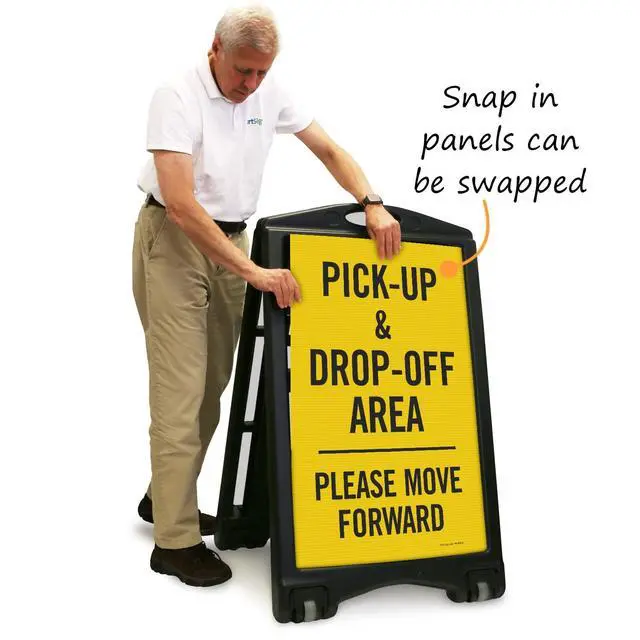 Alt view image 4 of 4 - Pick-Up Drop-Off Area Please Move Forward Foldable Black A-Frame Sidewalk Sign Kit, 36" x 24", Built-In-Wheels, Two-Sided Portable Plastic Sandwich Board, 2 Sign Panels, USA-Made