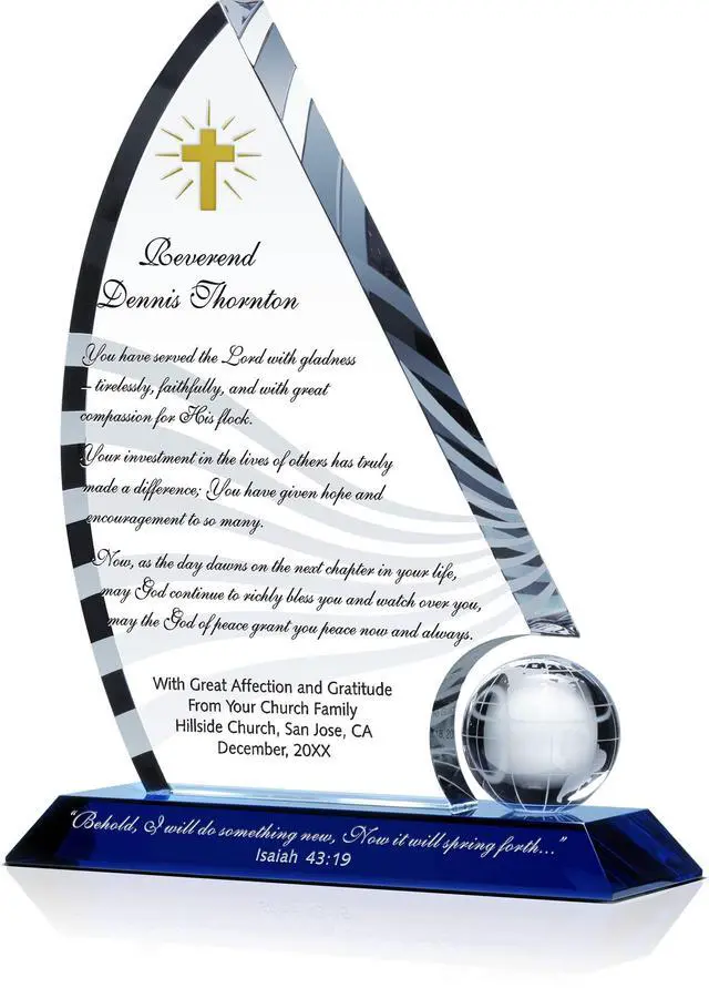 Main image of Personalized Crystal Sailboat Pastor Retirement Farewell Gift Plaque, Customized with Pastor & Church Name, Unique Retirement Gift for Bishop, Reverend, Pastor, Priest, Minister, Clergy (L - 10")