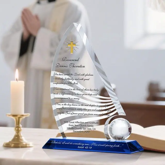 Alt view image 2 of 7 - Personalized Crystal Sailboat Pastor Retirement Farewell Gift Plaque, Customized with Pastor & Church Name, Unique Retirement Gift for Bishop, Reverend, Pastor, Priest, Minister, Clergy (L - 10")