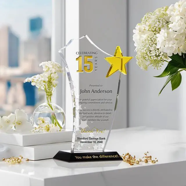 Alt view image 2 of 7 - Personalized Crystal Gold Star Employee Long Service Award Plaque, Customized with Employee Name, Years of Service and Company Name, Unique Corporate Service Award Trophy (M - 8.5")