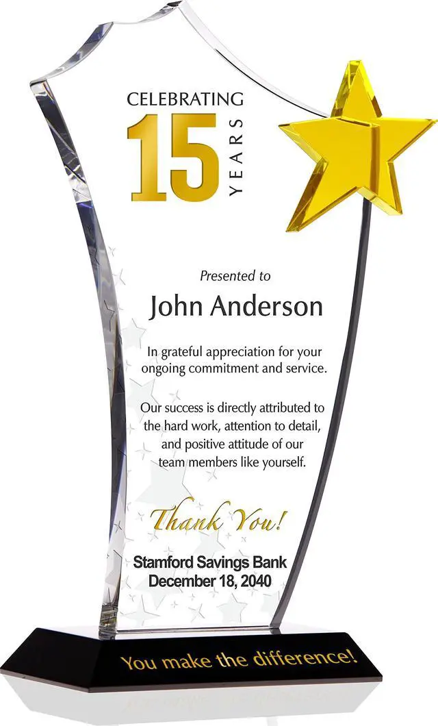 Main image of Personalized Crystal Gold Star Employee Long Service Award Plaque, Customized with Employee Name, Years of Service and Company Name, Unique Corporate Service Award Trophy (M - 8.5")