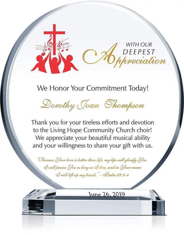 Main image of Custom Choir Director Appreciation Plaque Personalized Crystal Retirement or Farewell Gift for Music Minister, Pianist, or Church Organist (M-6.5")