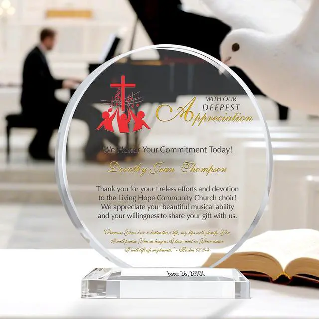 Alt view image 2 of 7 - Custom Choir Director Appreciation Plaque Personalized Crystal Retirement or Farewell Gift for Music Minister, Pianist, or Church Organist (M-6.5")