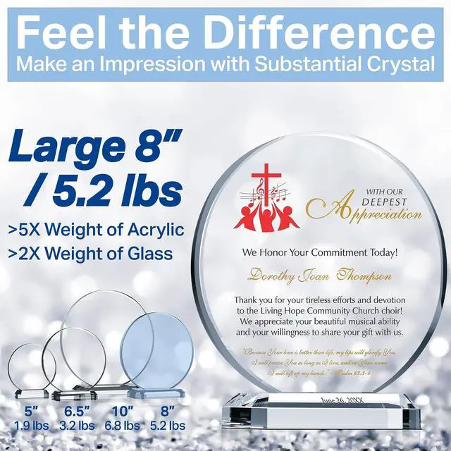 Alt view image 5 of 7 - Custom Choir Director Appreciation Plaque Personalized Crystal Retirement or Farewell Gift for Music Minister, Pianist, or Church Organist (M-6.5")