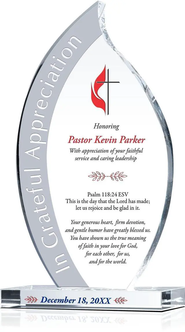 Main image of Personalized Crystal Methodist Church Pastor Appreciation Plaque, Engraved with Methodist Cross, Customized with Pastor Name, Unique Pastor Anniversary Appreciation Gift (M - 7.5")