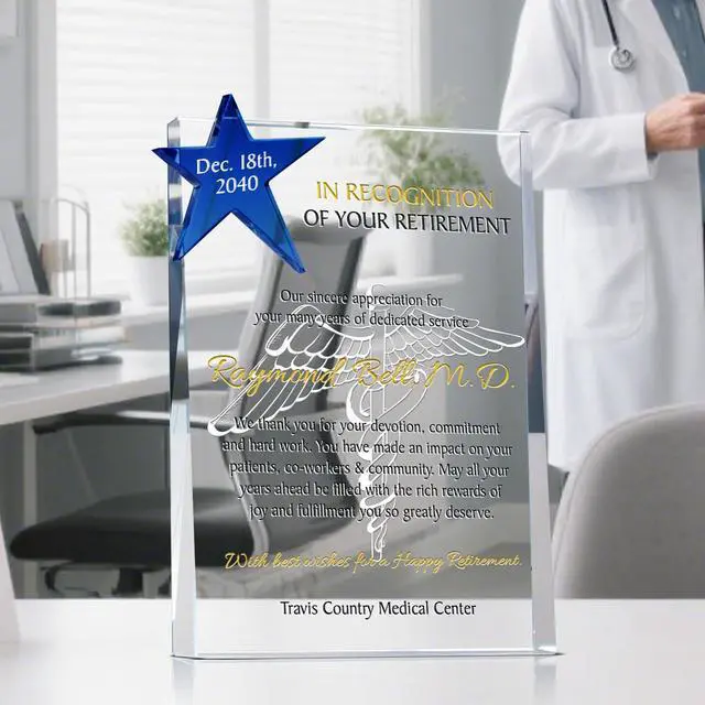 Alt view image 2 of 7 - Personalized Crystal Star Retirement Gift Plaque for Doctor or Nurse, Customized with Retiree's name and Retirement Date, unique Retirement gift for Physicians or any Medical Personnel (M - 8")