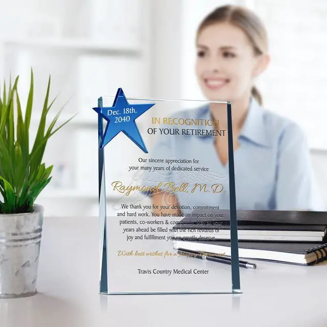 Alt view image 3 of 7 - Personalized Crystal Star Retirement Gift Plaque for Doctor or Nurse, Customized with Retiree's name and Retirement Date, unique Retirement gift for Physicians or any Medical Personnel (M - 8")