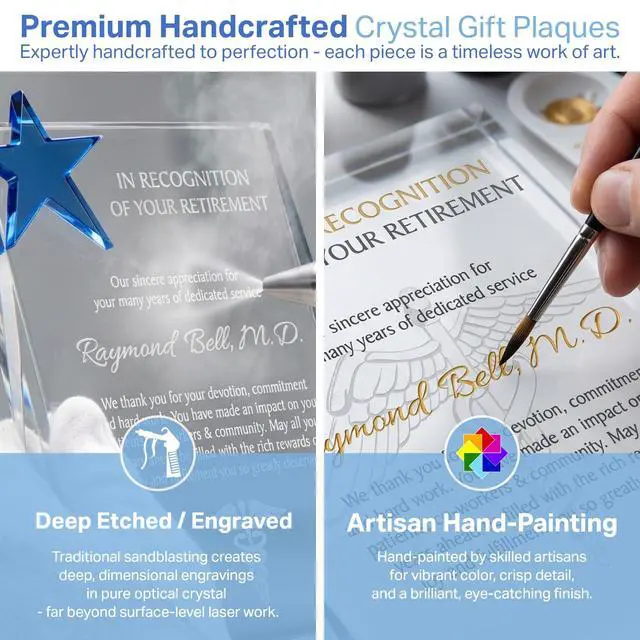 Alt view image 4 of 7 - Personalized Crystal Star Retirement Gift Plaque for Doctor or Nurse, Customized with Retiree's name and Retirement Date, unique Retirement gift for Physicians or any Medical Personnel (M - 8")