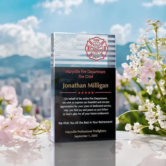 Alt view image 2 of 7 - Personalized Crystal Retirement Gift Plaque for Fire Chief, Customized with Firefighter's name and title, Unique Fire Department, Firefighter Retirement Award Plaque (M - 6.5")