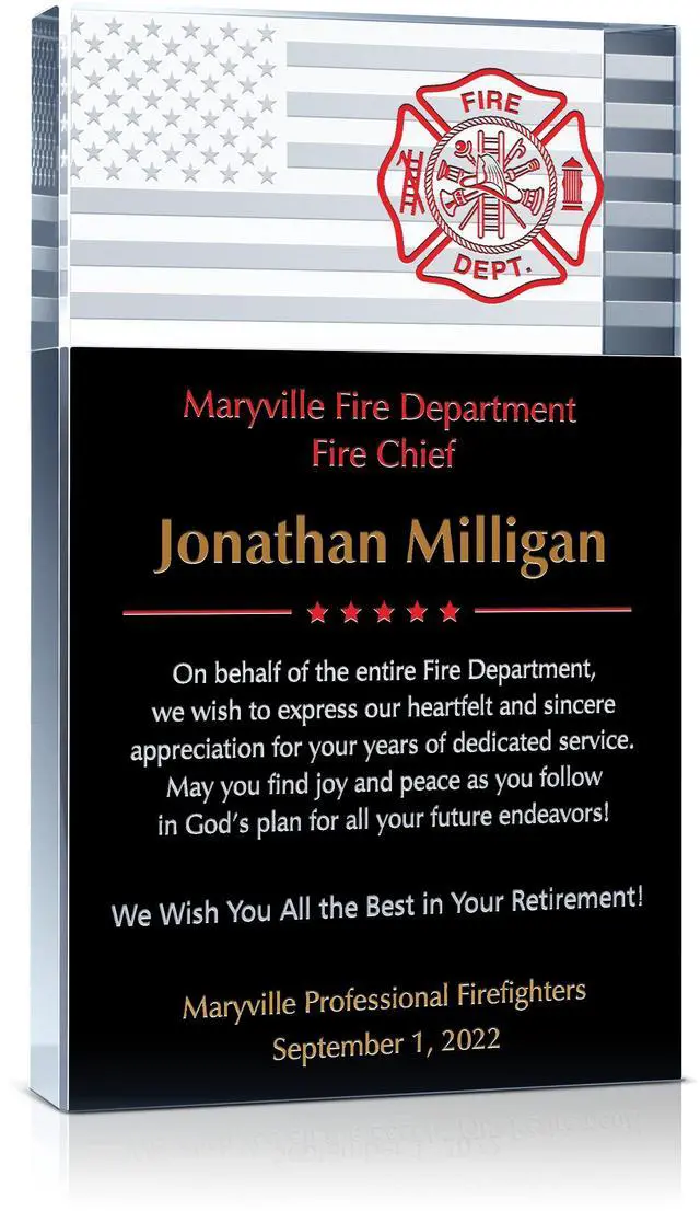 Main image of Personalized Crystal Retirement Gift Plaque for Fire Chief, Customized with Firefighter's name and title, Unique Fire Department, Firefighter Retirement Award Plaque (M - 6.5")