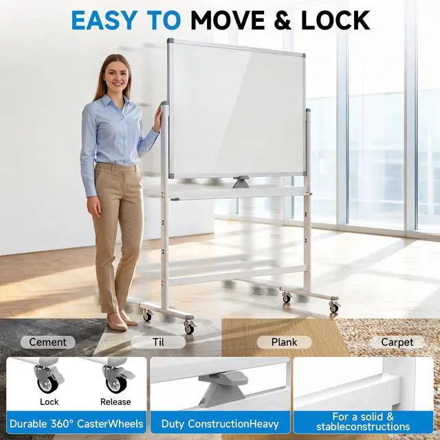 Alt view image 4 of 7 - Rolling Whiteboard 48"x36" Magnetic Dry Erase Board with Stand, Double Sided Mobile Whiteboard on Wheels, Non-Foldable Large Portable White Board for Office, Classroom & Home