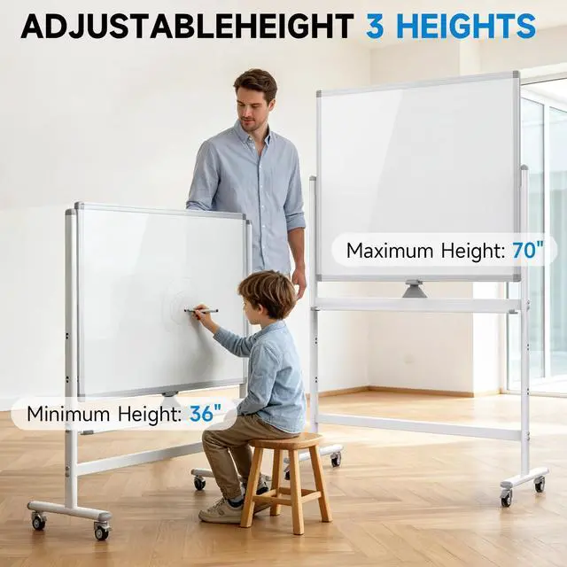 Alt view image 6 of 7 - Rolling Whiteboard 48"x36" Magnetic Dry Erase Board with Stand, Double Sided Mobile Whiteboard on Wheels, Non-Foldable Large Portable White Board for Office, Classroom & Home