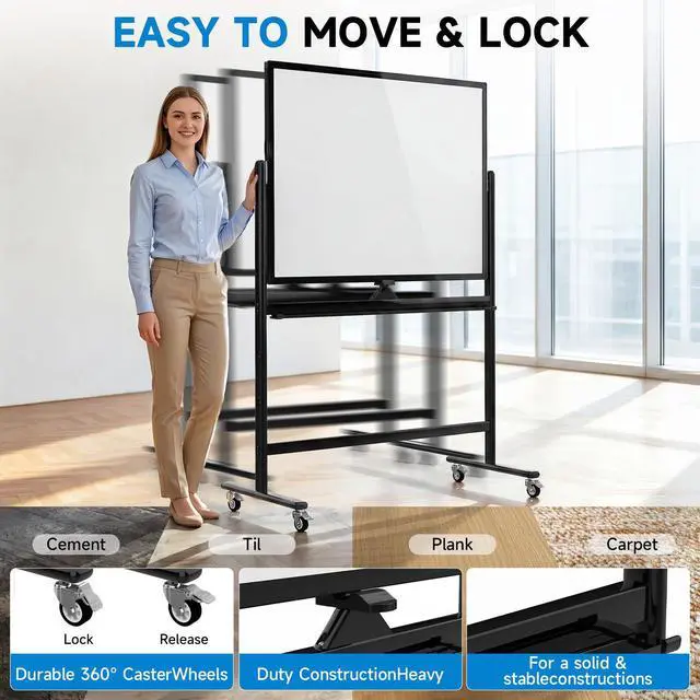 Alt view image 4 of 7 - Rolling Whiteboard 48x36, Double Sided Dry Erase Board with Stand, Magnetic Mobile White Board with Wheels for Office & Classroom and Home