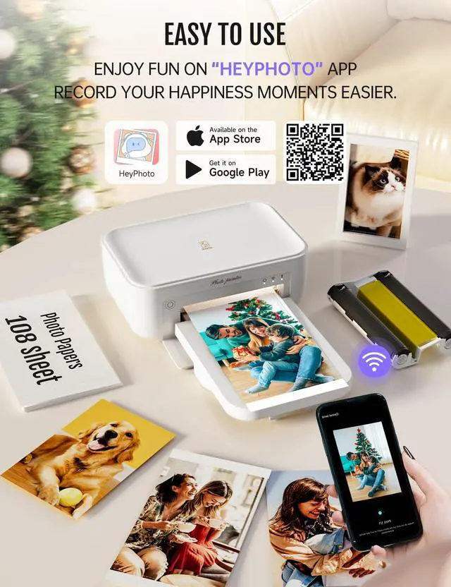 Alt view image 2 of 7 - 4x6 Photo Printer, CP4100 Photo Printer for iPhone & Android with 108 Sheets & 2 Cartridges, Wi-Fi Wireless Portable Picture Printer, Instant Print Photos, Dye Sublimation, White